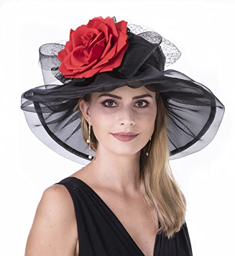 SAFERIN Women's Organza Church Kentucky Derby Hat Feather Veil Fascinator Bridal Tea Party Wedding Hat (MN-Red Black Bow)