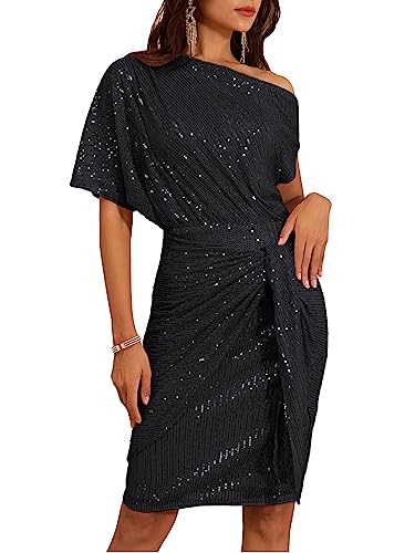 GRACE KARIN Cocktail Party Dress for Women Sleeveless Short Sleeve Sequin Dress Black XL