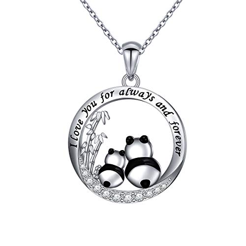 FLYOW 925 Sterling Silver I Love You for Always and Forever 2 Pandas Mother Necklace for Women Birthday Valentine's Day Gift New Mom Gifts