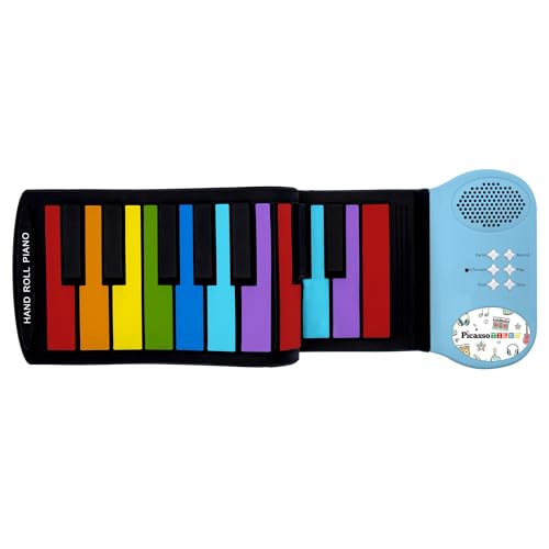 PicassoTiles PT49 Kid's 49-Key Flexible Roll-Up Educational Electronic Digital Music Piano Keyboard w/Recording Feature, 8 Different Tones, 6 Educational Demo Songs & Build-in Speaker - Rainbow