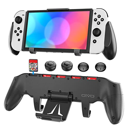 Switch Grip with Upgraded Adjustable Stand, Compatible with Nintendo Switch & OLED, OIVO Asymmetrical Grip with Adjustable Stand and 5 Game Slots-4 Thumb Caps Included