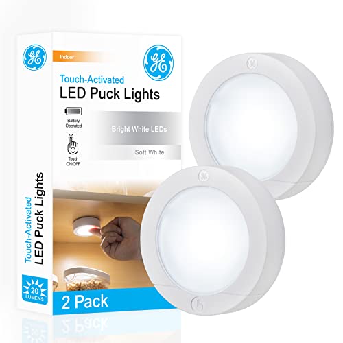 GE Wireless LED Puck Lights, Battery Operated, 20 Lumens, Touch Light, Tap Light, Stick on Lights, Under Cabinet Light, Ideal for Kitchen Cabinets, Closets, Garage 2 Pack, 25434