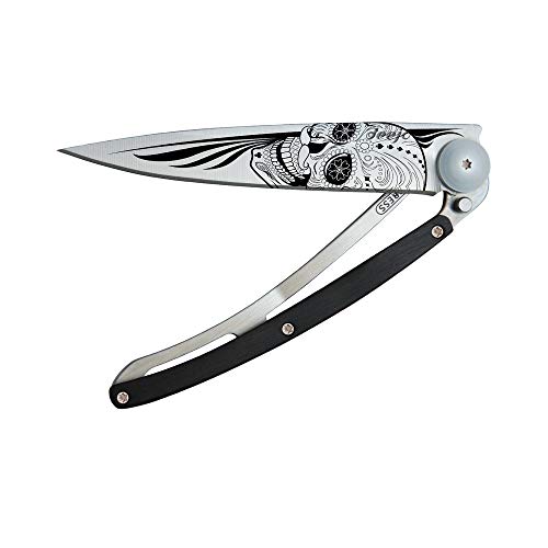 deejo - Ultra-lightweight folding pocket knife with clip belt - Ebony version 1.3 oz - Thin blade and sharp - Latino Skull Design - Steel stainless steel - Elegant and modern design