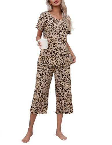 Ekouaer Womens Soft Pjs Sets Pajamas Set Capri Set with Pockets Loungewear V Neck Sleepwear leapard,L Leopard