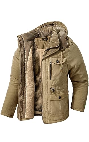 Mr.Stream Men's Winter Hooded Jacket Windproof Sherpa Lined Fleece Windbreaker Coat Outerwear Warm Parka 3256 Khaki L