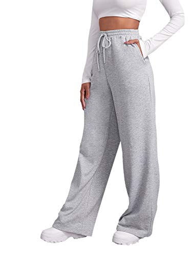 Floerns Women's Causal Drawstring High Waist Baggy Straight Wide Leg Sweatpants with Pockets A Grey