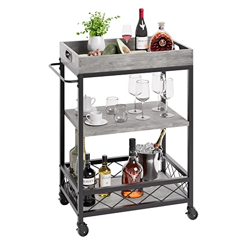 IDEALHOUSE Bar Cart, Bar Carts for The Home, Bar Carts on Wheels, 3 Tier Bar Cart with Wine Rack, Wheel Locks (Grey)