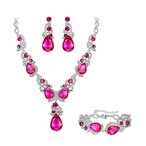 BriLove Wedding Bridal Jewelry for Women Multi Teardrop Cluster Crystal Statement Necklace Dangle Earrings Link Bracelet Set Fuchsia Silver-Tone