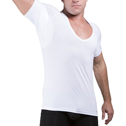 Sweatproof Undershirt Mens Cotton Deep V w Sweat Pads, Silver Treated to Fight Embarrassing Body Odor & Yellow Armpit Stains, Aluminum Free Alternative to Antiperspirant, Regular Fit (Large, White)