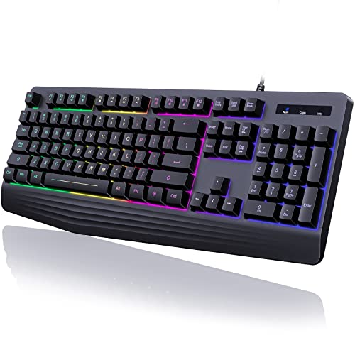 yesbeaut Gaming Keyboard, 7-Color Rainbow LED Backlit, 104 Keys Quiet Light Up Keyboard, Wrist Rest, Whisper Silent, Anti-ghosting Multimedia Keys, Waterproof USB Wired Keyboard for PC Mac Xbox