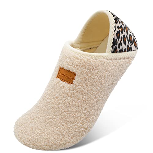 Scurtain Unisex Mens Womens Slippers Socks Artificial Woolen Slippers for Men Women with Non-Slip Rubber Sole Fleece Slippers for Women Wide Slippers Women Christmas Slippers Beige/Leopard 8.5-9.5