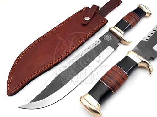 SHINY CRAFTS 18' Hunting Knife, Crocodile Dundee Knife, Fixed Blade Bowie Knife with Acid Washed Blade, Hunting Knife with Horn and Leather Handle & Premium Quality Leather Sheath (HK-0019-C)