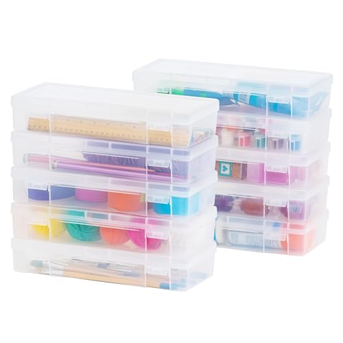 IRIS USA 10 Pack Plastic Art Craft Sewing Supply Organizer Storage Containers with Latching Lid, for Paint Brush, 12' Ruler, Tools, Ribbons, Washi Tape, Ornaments, Stackable, Clear, Large