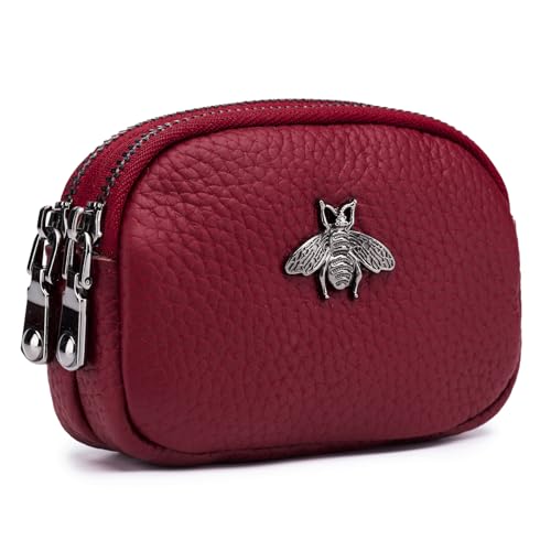 imeetu Women Leather Coin Purse, Small 2 Zippered Change Pouch Wallet(Red)