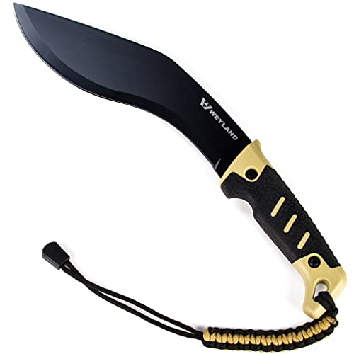 WEYLAND Kukri Machete Knife with Tactical MOLLE Sheath - Fixed Full Tang Steel Blade Machete for Cutting Trees Heavy Duty for Clearing Brush, Yard Work, Gardening, Camping and Hiking