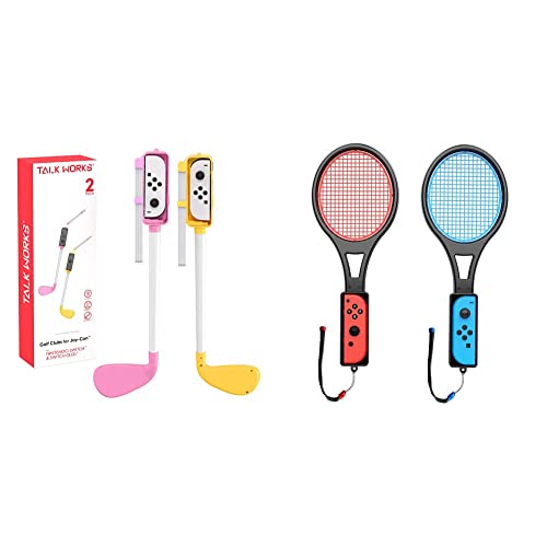 TALK WORKS Golf Clubs, 2 Pack & Tennis Racket for Nintendo Switch + Switch OLED 2 Pack - Joy-Con Controller Grip Sports Game Accessories for Mario Tennis Aces