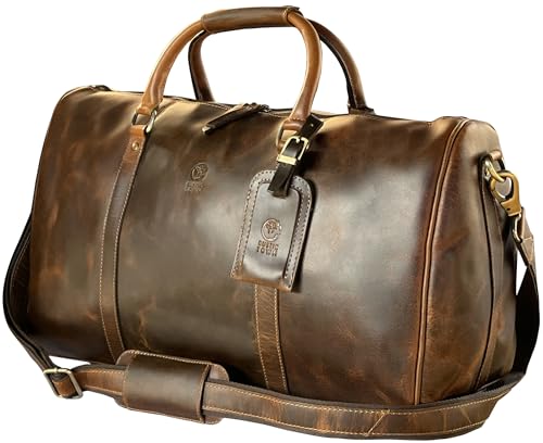 Handmade Leather Duffle Bag | Full Grain Leather | TSA Approved Cabin Sized Duffel | Vintage Classic Style with Modern Outlook | Carry On Gifts for Men and Women (Brown, 20 inches)