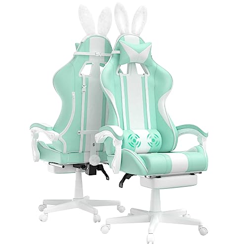 Ferghana Kawaii Light Green Gaming Chair with Bunny Ears, Ergonomic Cute Gamer Chair with Footrest and Massage, Racing Reclining Leather Computer Game Chair 250lbs for Girls Adults Teens Kids