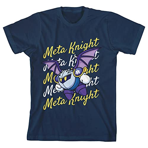 Kirby Meta Knight Flying with Repeat Text Boy's Navy Blue T-Shirt-Medium
