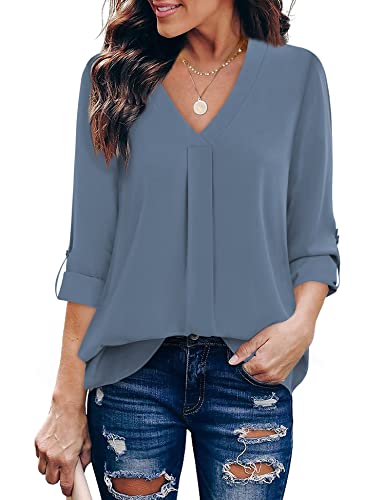 Youtalia Business Casual Tops for Women, Ladies 3/4 Cuffed Sleeve V Neck Pleats Fitted Tunic Blouse (Large, Blue Grey)