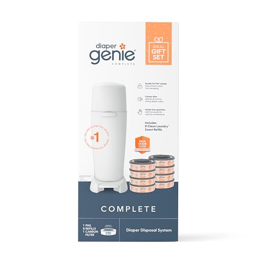 Diaper Genie Registry Gift Set | Includes Diaper Genie Complete Diaper Pail, 8 Refill Bags, 1 Carbon Filter | Perfect Starter Kit