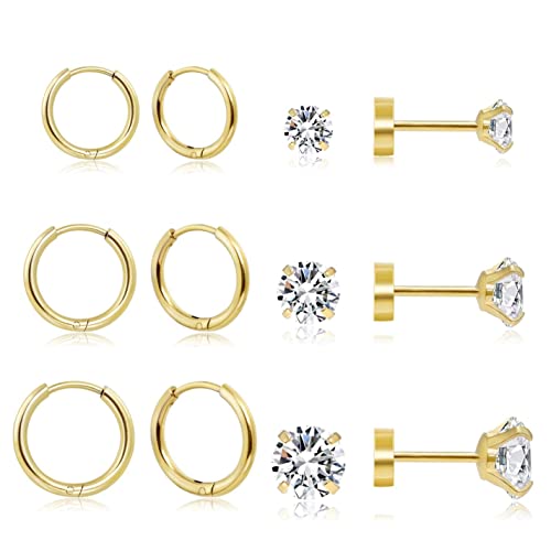 Dainty 6 Pairs Earrings Sets for Multiple Piercing, Lightweight 14K Gold Plated Small Huggie Hoop Earrings, Lobe, Hypoallergenic (14K Gold Plated- Huggie Hoops and CZ Studs)