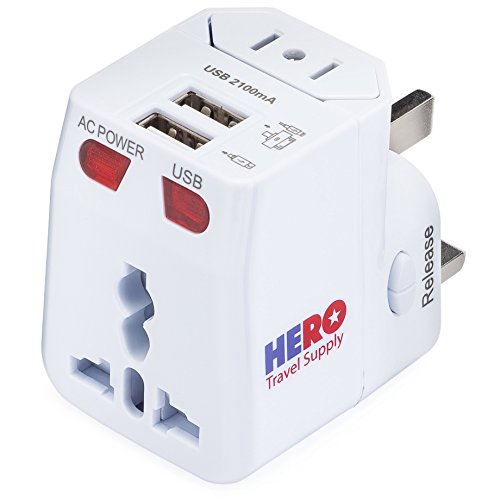 Hero Universal Travel Adapter (2 USB Ports) – Power Plug for US Europe France UK Ireland Thailand NZ Australia 100+ Countries White