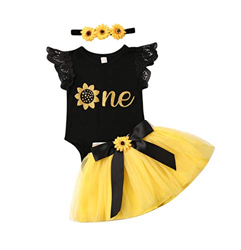 MA&BABY Newborn Girls 1st Birthday Outfit Ruffled Floral One Romper Yellow Tutu Skirt Dress First Birthday Girl Outfit (Black+Yellow, 12-18Months)