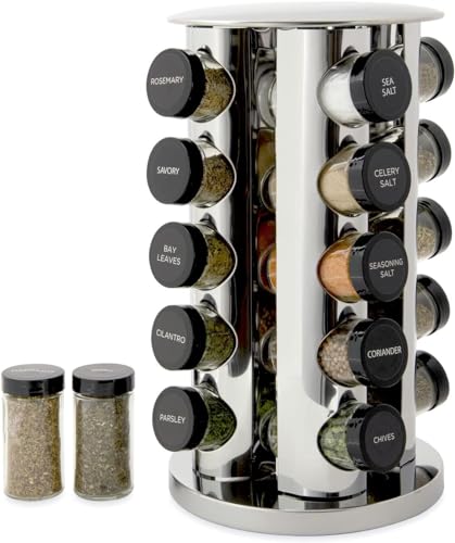 Kamenstein 20 Jar Revolving Countertop Spice Rack with Spices Included, FREE Spice Refills for 5 Years, Polished Stainless Steel with Black Caps, 30020