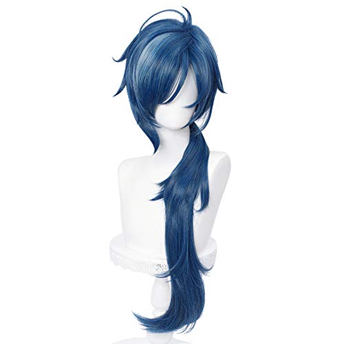 SL Blue Ponytail Wig for Kaeya Cosplay Costume Game Role Fluffy Curly Anime Cosplay Hair Wigs with Pigtail Bangs + Cap