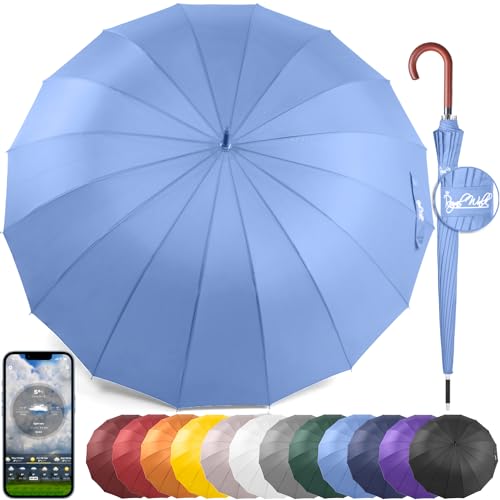 Royal Walk Large Umbrella for 2 Persons - 54 Inch Automatic Open, Wind Resistant, Slate Blue, Wooden Handle, Fast Drying, Strong 16 Ribs, Travel 120cm