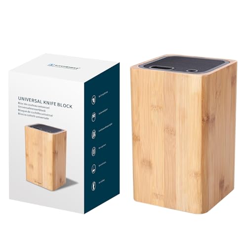 Deluxe Universal Knife Block with Slots for Scissors and Sharpening Rod - Eco-Friendly Bamboo Knife Holder For Safe, Space Saver Knives Storage - Unique Slot Design to Protect Blades - by KITCHENDAO