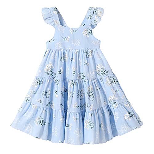 YOUNGER TREE Toddler Girls Outfits Floral Flutter Sleeve Princess Dress Summer Clothes Line Skirts for Girls(3-4T,Blue Floral)