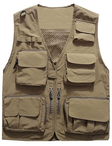 Flygo Men's Casual Lightweight Outdoor Fishing Work Safari Travel Photo Cargo Vest Jacket Multi Pockets(Large, Khaki)