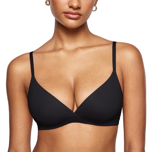 INLYRIC Women's Inbarely Triangle Bralette Comfortable Unlined V Neck Wireless Smoothing Bra Top Stretch Black Medium