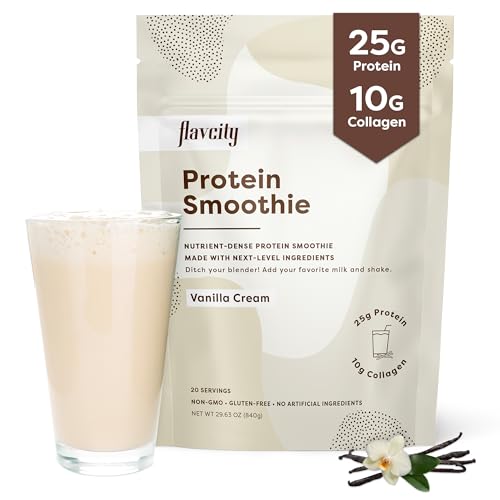 FlavCity Protein Powder Smoothie, Vanilla - 100% Grass-Fed Whey Protein Smoothie with Collagen (25g of Protein) - Gluten Free & No Added Sugars (29.63 oz)