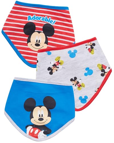 Disney Baby Unisex Mickey Mouse Bandana Bib 3-Pack - Mickey Mouse Baby Bibs (Blue/Red/Grey, 0-12M)