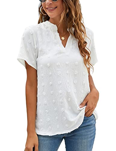 Blooming Jelly Womens White Chiffon Blouses Short Sleeve V Neck Shirts Summer Casual Polka Dot Tops (M,White)
