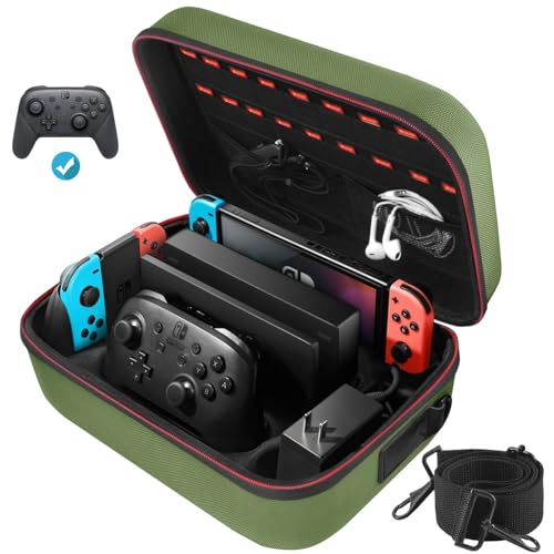 Switch Case for Nintendo Switch and Switch OLED Model, Portable Full Protection Carrying Travel Bag with 18 Game Cards Storage for Switch Console Pro Controller Accessories Green