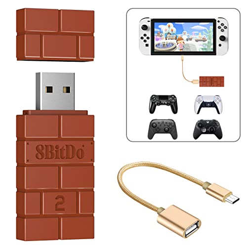 AKNES 8BitDo USB Wireless Controller Adapter 2 Converter Dongle for Switch/Switch OLED,Windows,Raspberry Pi,for PS5/PS4/PS3 Controller,Xbox Series X/S,Xbox One Bluetooth Controller-OTG Cable (Brown)