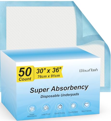 50 Count 30” x 36” Super Absorbency Disposable Underpads, Leakproof Quick Drying, Baby Puppy & Adults Bed Pads Disposable Adults, Dog Pee Pads Extra Large, XXL Chucks Pads Incontinence Pads, Chux