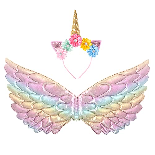 Creatoy Girl’s Fairy Wings Unicorn Costume for Girls 3-9 with Unicorn Horn Headband Toddler Rainbow Wings Kids Angel Pegasus Dress Up Accessories Halloween Favors Birthday Gifts