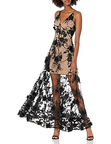 Dress the Population womens Embellished Plunging Gown Sleeveless Floral Long Dress, Black/Nude Sidney, Medium US