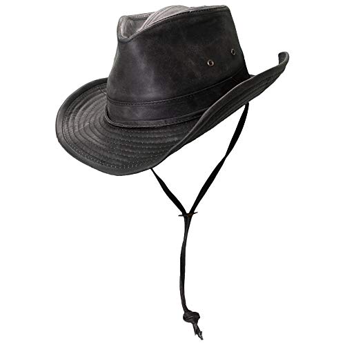 Dorfman Hat Co. Weathered Outback Hat with Chin Cord (Large, Black)