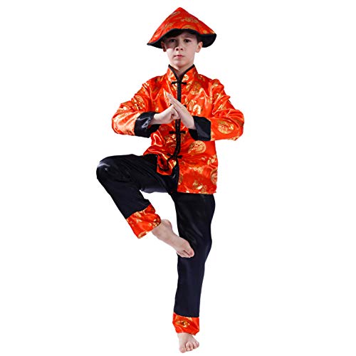 PGOND Boys Red Traditional Chinese Dragon Kung Fu Costume With Hat (L)