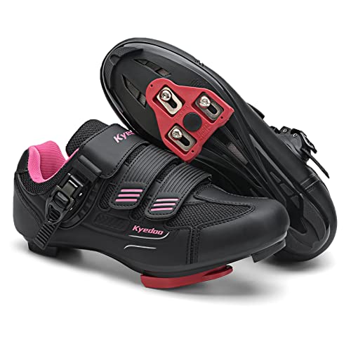 Womens Cycling Shoes Compatible with Peloton Bike Clip in Ladies Indoor Cycling Road Bike Riding Biking Shoes, Pre-Installed Delta Cleats Size 7.5 Black Pink