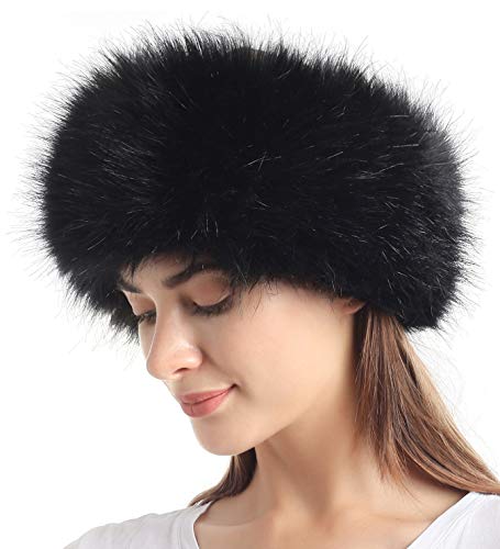 Faux Fur Headband with Elastic for Women's Winter Earwarmer Earmuff(One Size,Black)