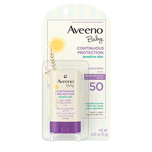 Aveeno Baby Continuous Protection Mineral Sunscreen Stick for Sensitive Skin with Broad Spectrum SPF 50 Protection for Face & Body, Naturally Sourced 100% Zinc Oxide, Travel Size, 0.47 oz