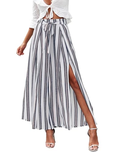 Simplee Women's Elegant Striped Split High Waisted Belted Flowy Wide Leg Pants, White Stripe, 4/6, Small