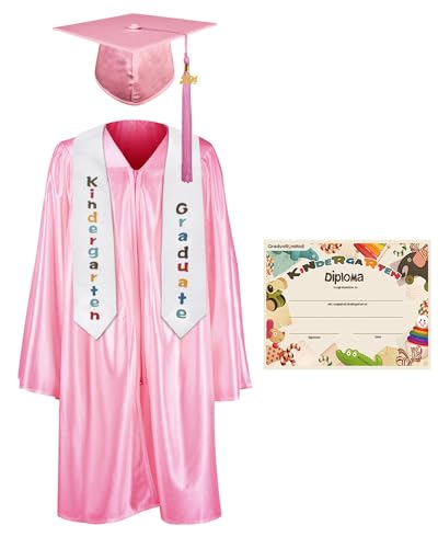 GraduationMall Kindergarten Graduation Cap Gown Stole Package with 2024 Tassel, Certificate Pink Small 27(3'6'-3'8')